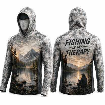 Fishing Is My Therapy Bass Fishing UPF Sun Protection Fishing Shirt With Face Cover And Thumb Holes