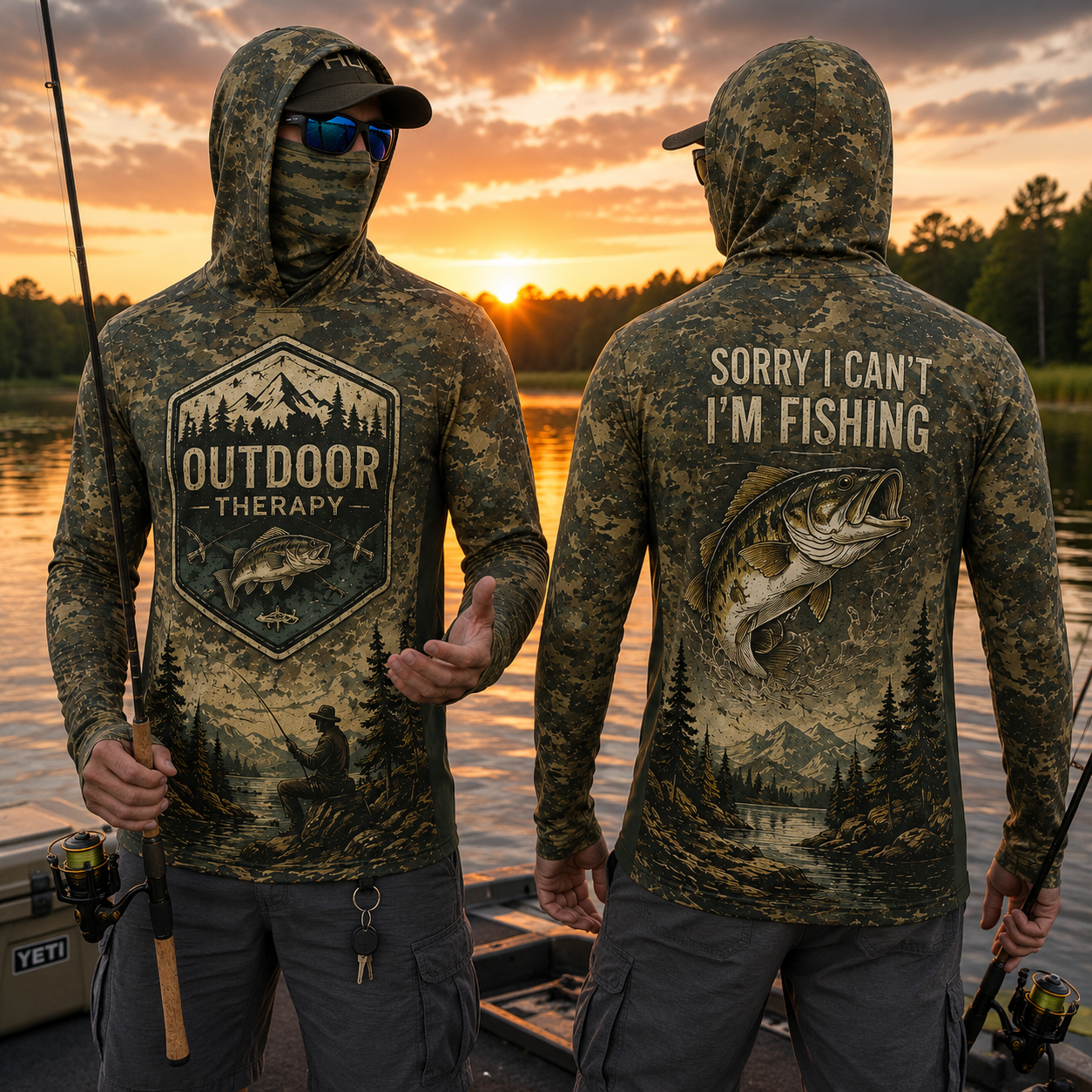 Sorry I Can't I'm Fishing Bass Fishing UPF Sun Protection Fishing Shirt With Face Cover And Thumb Holes