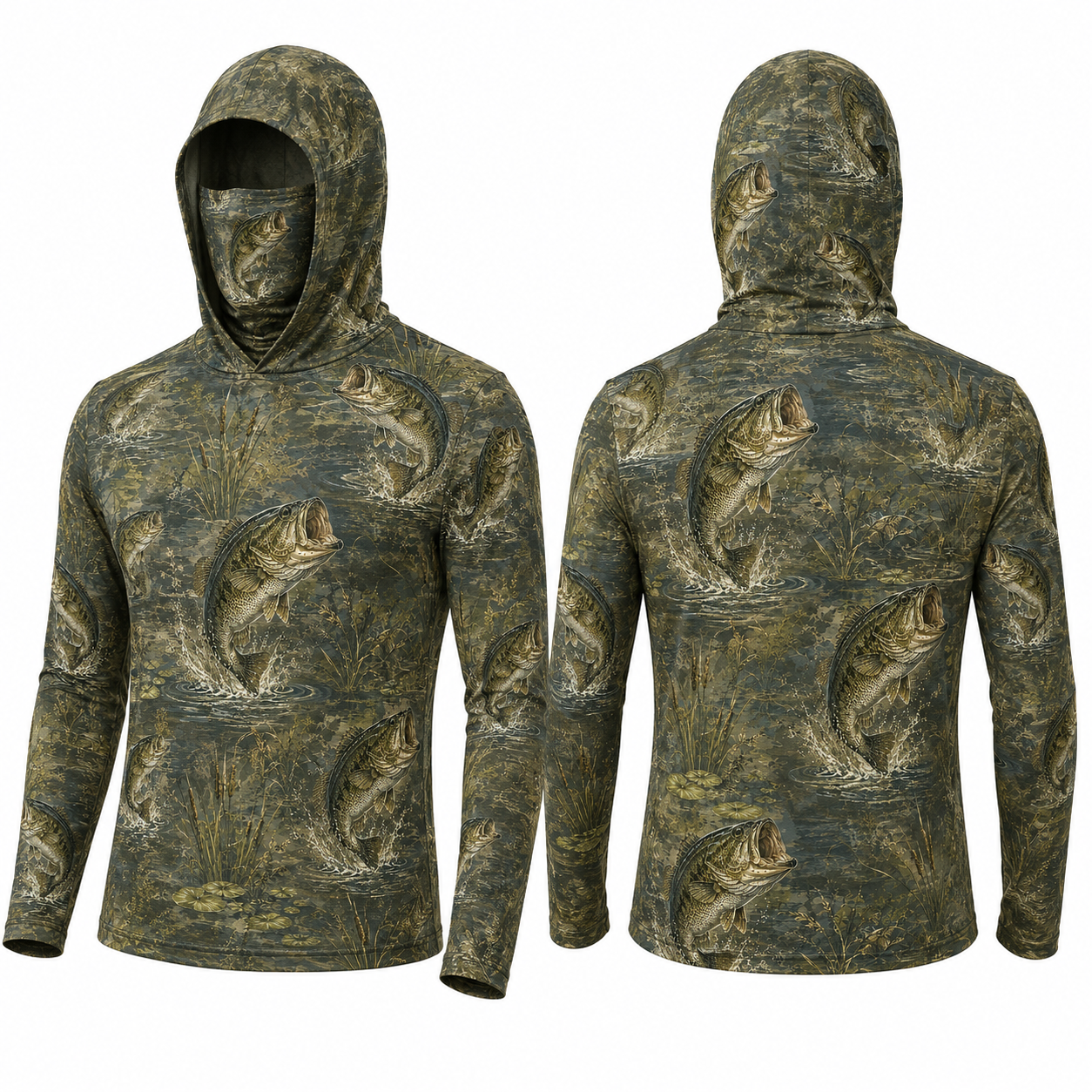 Realistic Bass Fishing UPF Sun Protection Camo Fishing Shirt With Face Cover And Thumb Holes