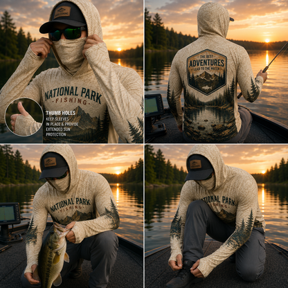 National Park Fishing Bass Fishing UPF Sun Protection Fishing Shirt With Face Cover And Thumb Holes