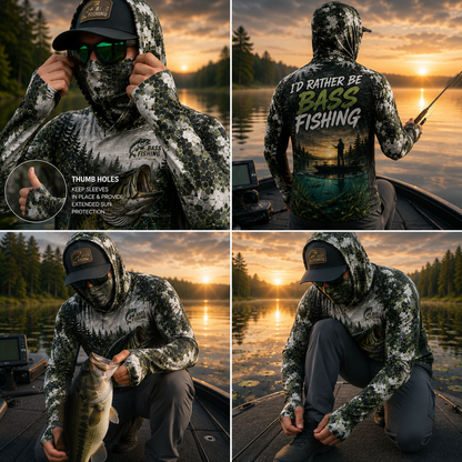 I'd Rather Be Bass Fishing UPF Sun Protection Fishing Shirt With Face Cover And Thumb Holes