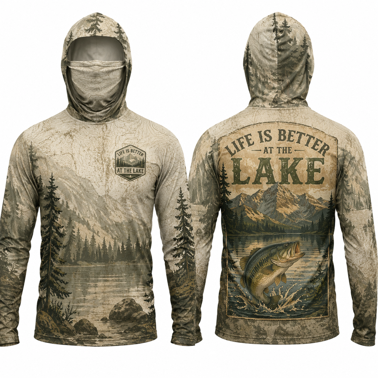 Life Is Better At The Lake Bass Fishing UPF Sun Protection Fishing Shirt With Face Cover And Thumb Holes