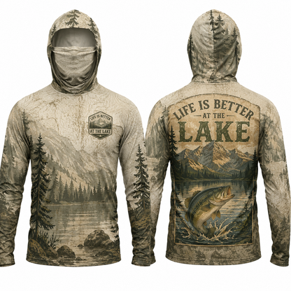 Life Is Better At The Lake Bass Fishing UPF Sun Protection Fishing Shirt With Face Cover And Thumb Holes