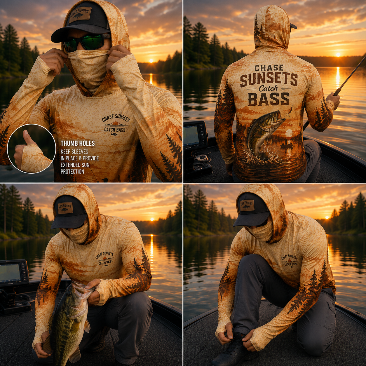 Chase Sunsets Catch Bass UPF Sun Protection Fishing Shirt With Face Cover And Thumb Holes
