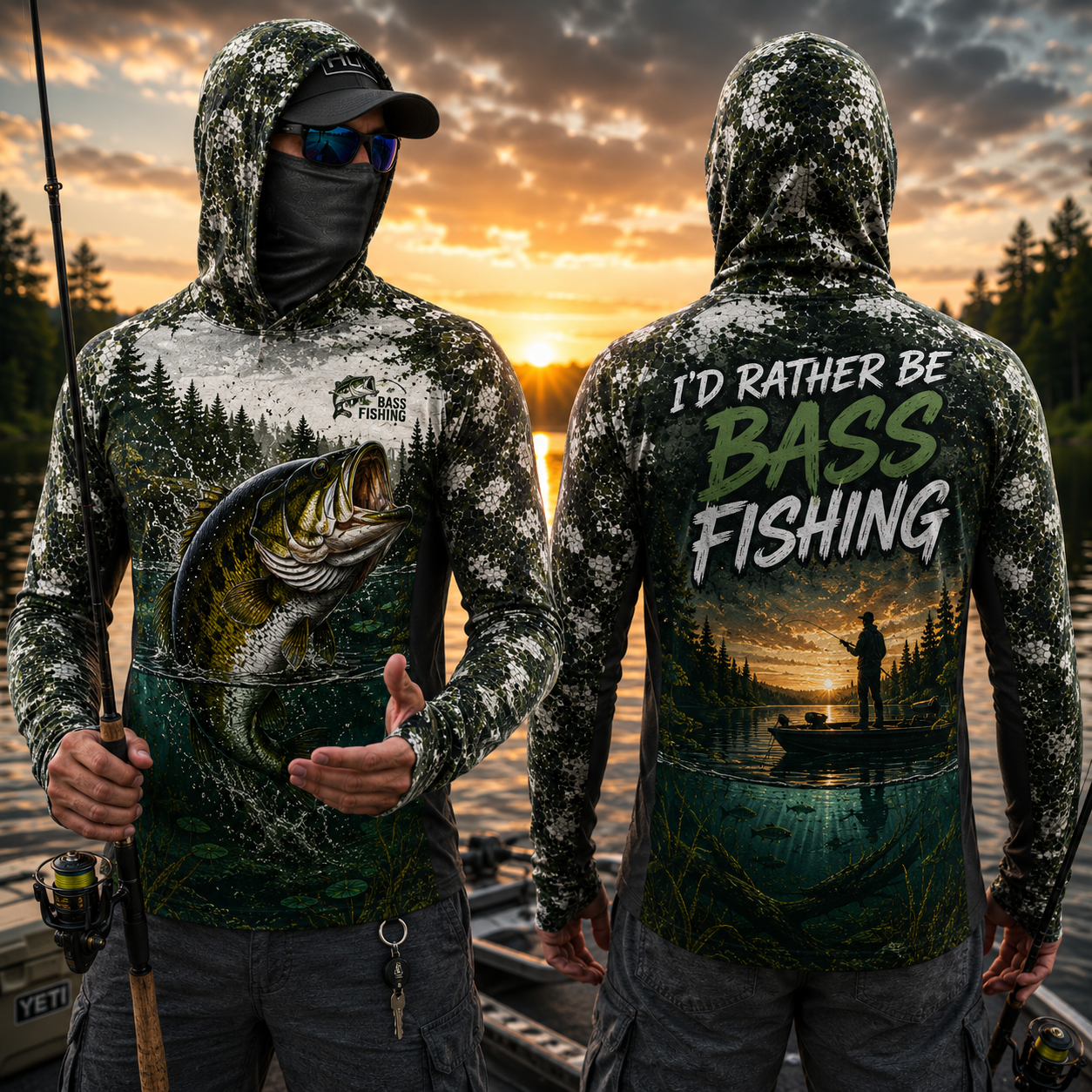 I'd Rather Be Bass Fishing UPF Sun Protection Fishing Shirt With Face Cover And Thumb Holes