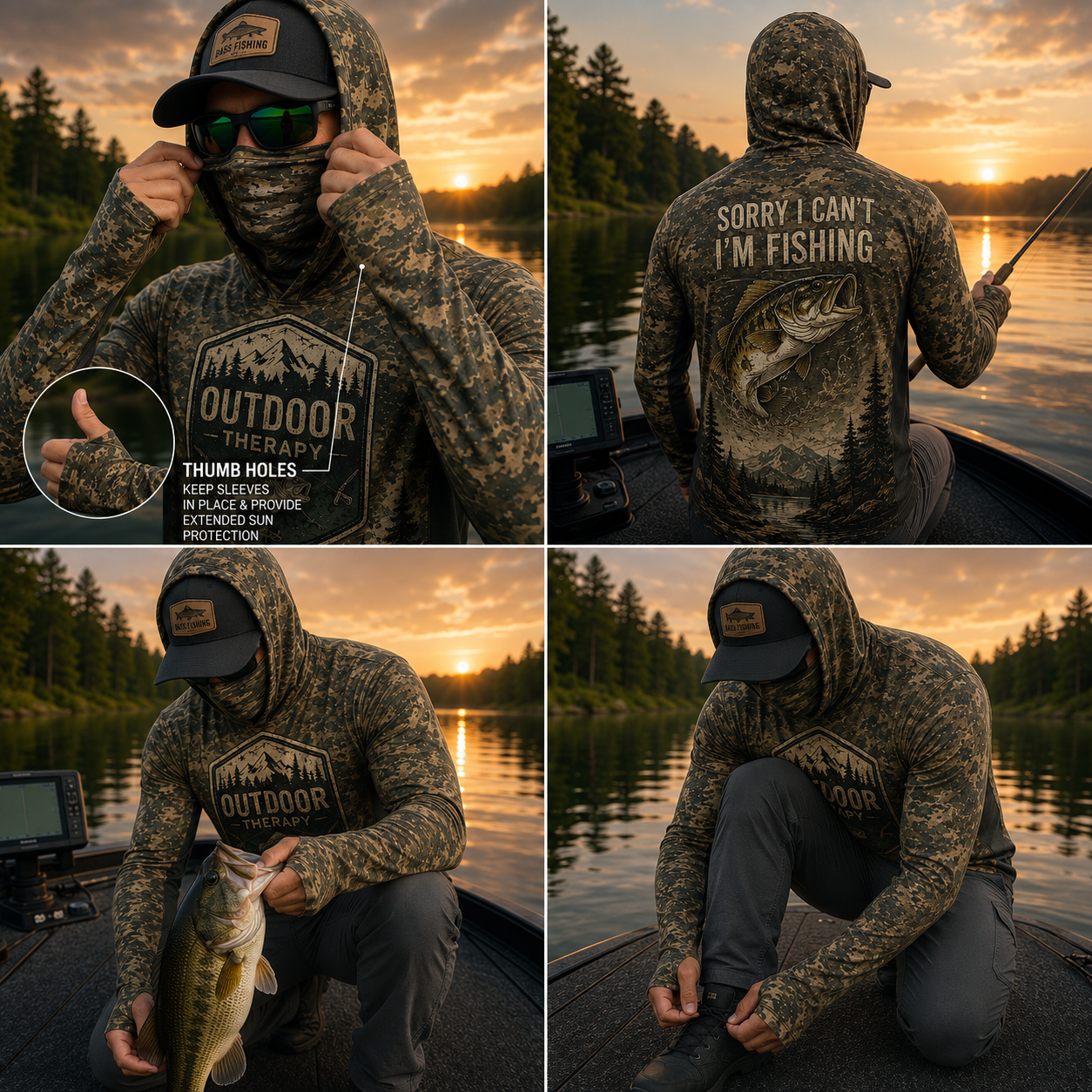 Sorry I Can't I'm Fishing Bass Fishing UPF Sun Protection Fishing Shirt With Face Cover And Thumb Holes