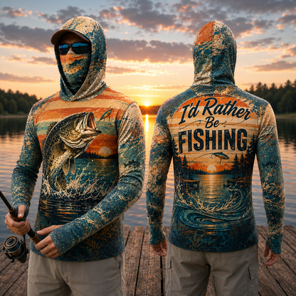 Vintage Bass Fishing Hoodie – I'd Rather Be Fishing Outdoor Shirt, Face Cover, Thumb Holes