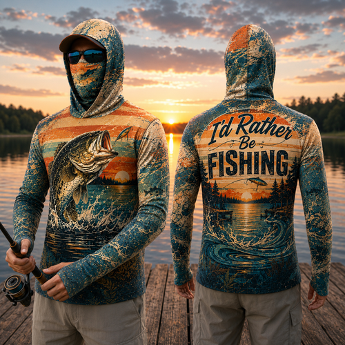 Vintage Bass Fishing Hoodie – I'd Rather Be Fishing Outdoor Shirt, Face Cover, Thumb Holes