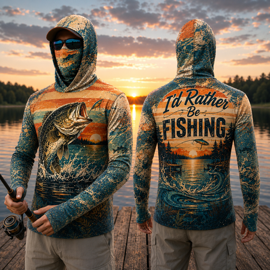 Vintage Bass Fishing Hoodie – I'd Rather Be Fishing Outdoor Shirt, Face Cover, Thumb Holes