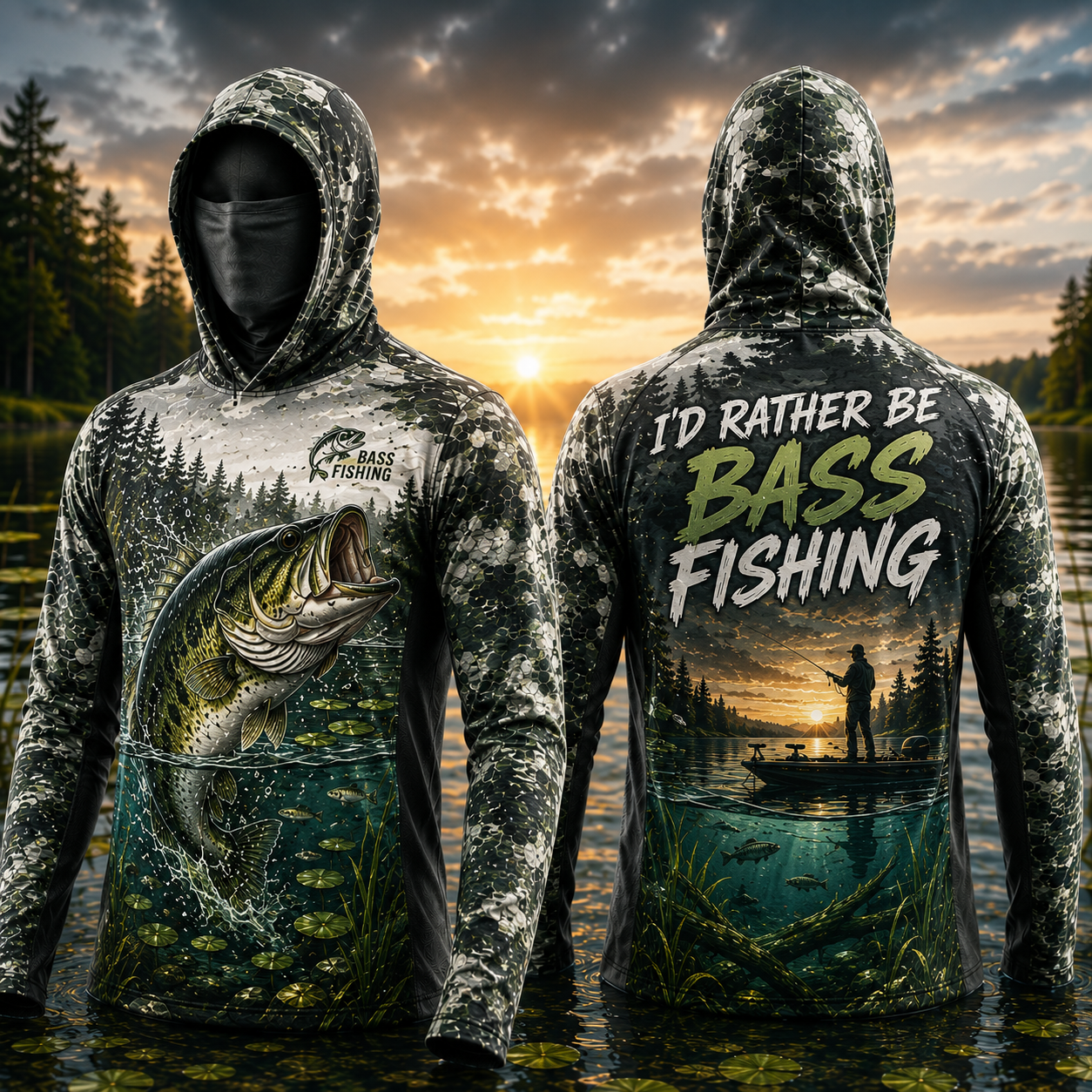 I'd Rather Be Bass Fishing UPF Sun Protection Fishing Shirt With Face Cover And Thumb Holes