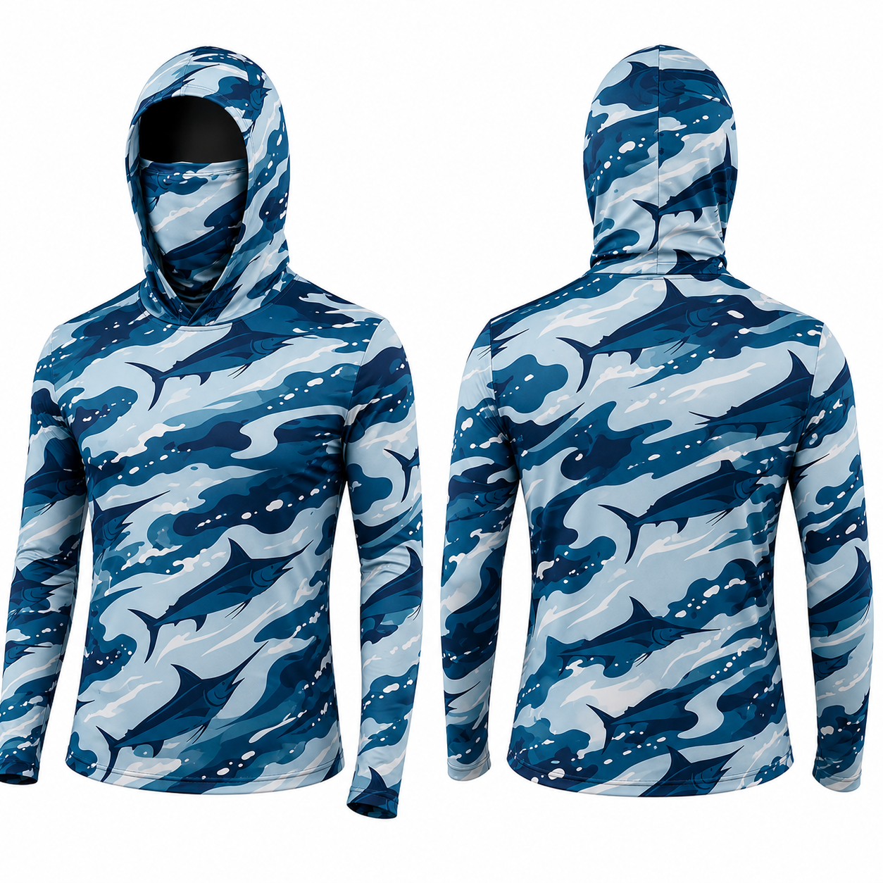 Blue Marlin Fishing Shirt – Deep Sea Angler Hoodie with Face Cover, Thumb Holes