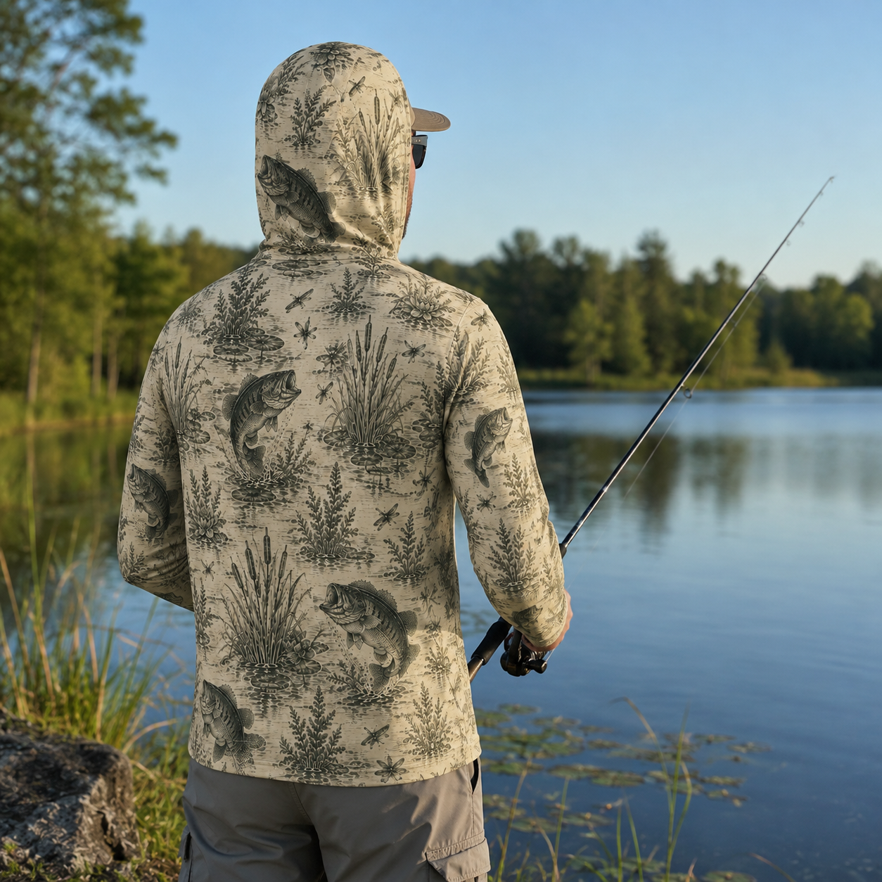 Vintage Bass Fishing UPF Sun Protection Fishing Shirt With Face Cover And Thumb Holes