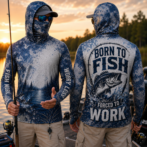 Born To Fish Forced To Work Bass Fishing UPF Sun Protection Fishing Shirt With Face Cover And Thumb Holes