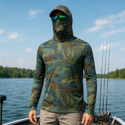 Bass Fishing Camo Hoodie Shirt, Men's Long Sleeve UPF Fishing Shirt, Face Cover, Thumb Holes, Lure All Over Print