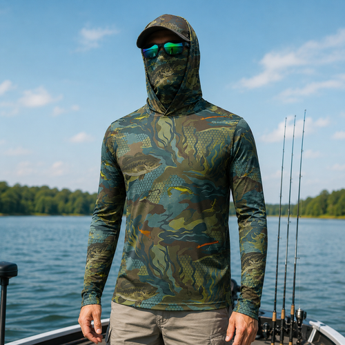 Bass Fishing Camo Hoodie Shirt, Men's Long Sleeve UPF Fishing Shirt, Face Cover, Thumb Holes, Lure All Over Print