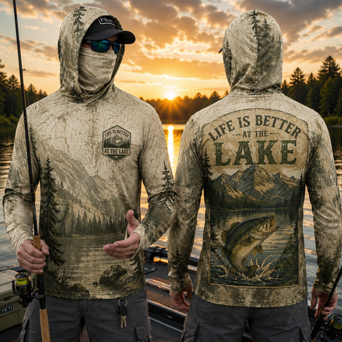 Life Is Better At The Lake Bass Fishing UPF Sun Protection Fishing Shirt With Face Cover And Thumb Holes