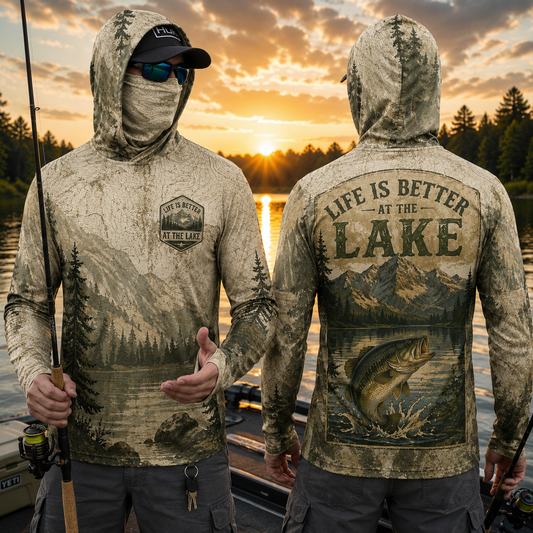 Life Is Better At The Lake Bass Fishing UPF Sun Protection Fishing Shirt With Face Cover And Thumb Holes