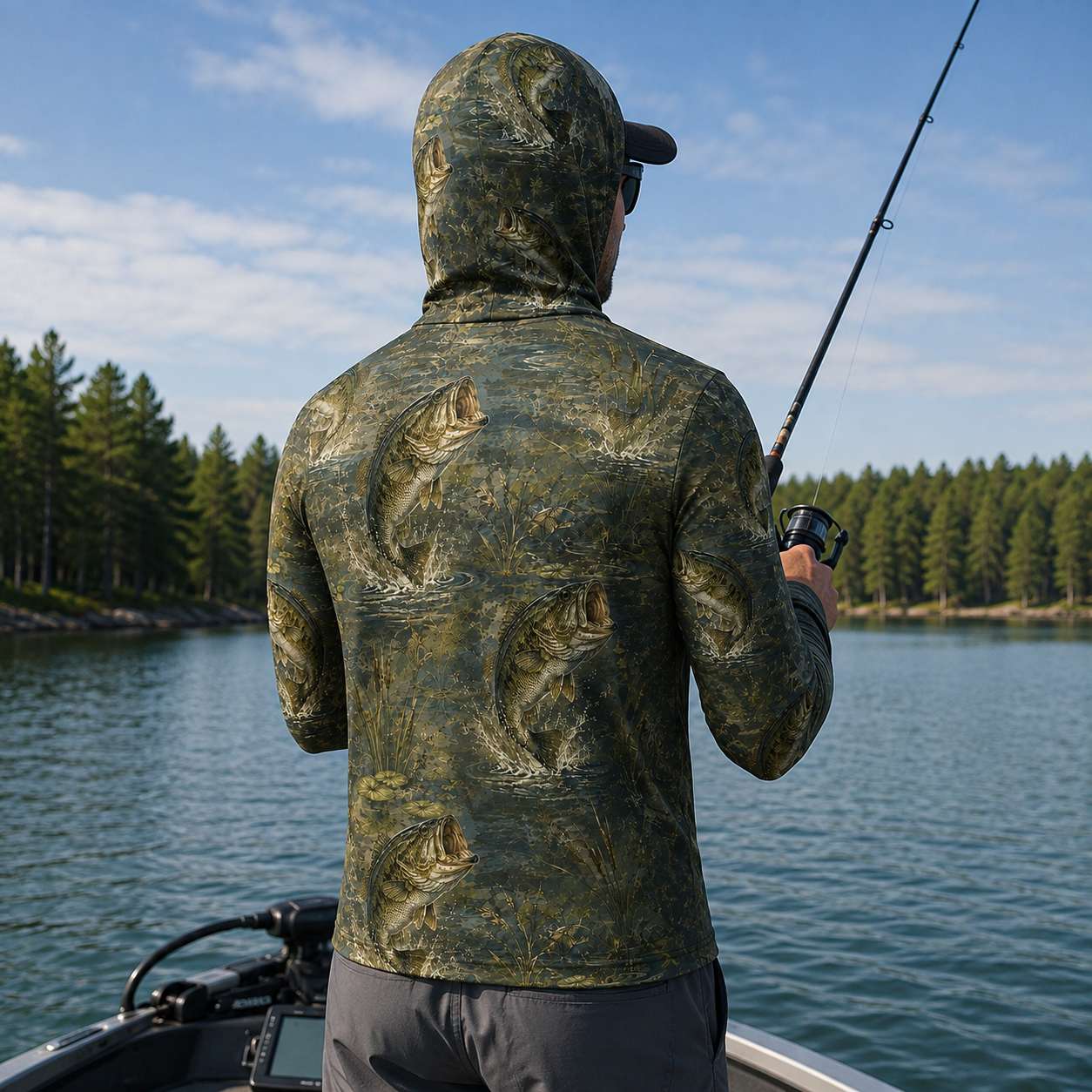 Realistic Bass Fishing UPF Sun Protection Camo Fishing Shirt With Face Cover And Thumb Holes