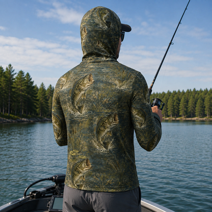 Realistic Bass Fishing UPF Sun Protection Camo Fishing Shirt With Face Cover And Thumb Holes