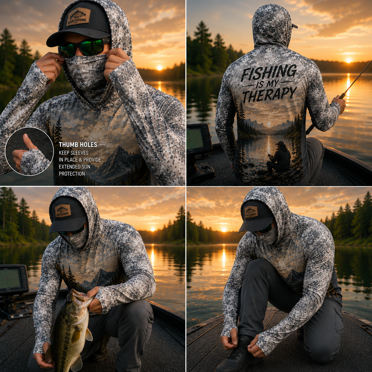 Fishing Is My Therapy Bass Fishing UPF Sun Protection Fishing Shirt With Face Cover And Thumb Holes