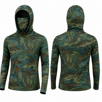 Bass Fishing Camo Hoodie Shirt, Men's Long Sleeve UPF Fishing Shirt, Face Cover, Thumb Holes, Lure All Over Print