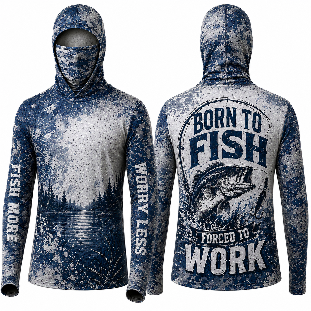 Born To Fish Forced To Work Bass Fishing UPF Sun Protection Fishing Shirt With Face Cover And Thumb Holes