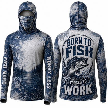 Born To Fish Forced To Work Bass Fishing UPF Sun Protection Fishing Shirt With Face Cover And Thumb Holes