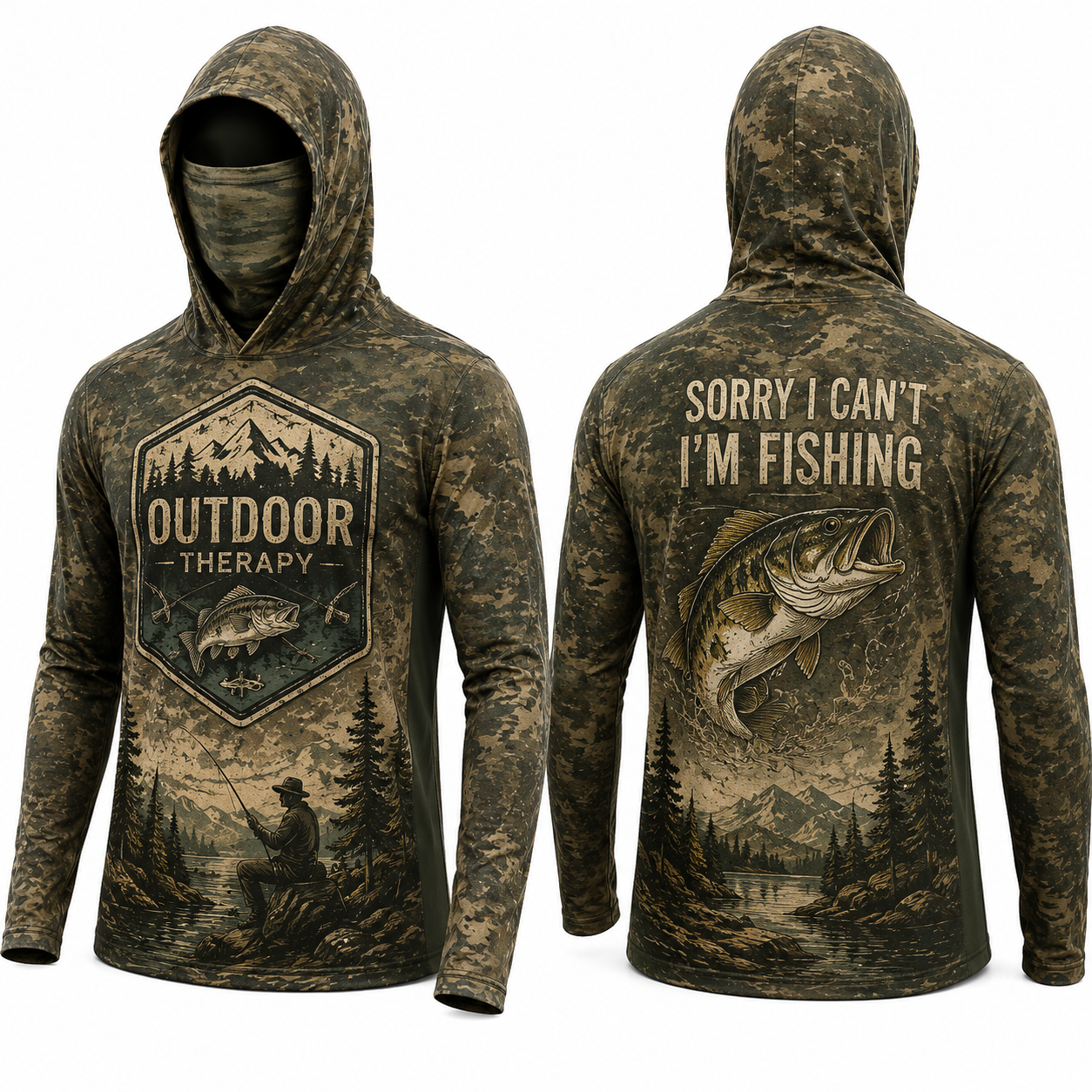 Sorry I Can't I'm Fishing Bass Fishing UPF Sun Protection Fishing Shirt With Face Cover And Thumb Holes