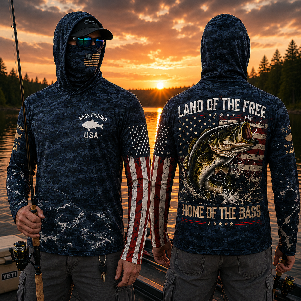 Patriotic Bass Fishing Hoodie With Face Cover, Thumb Holes – Land of the Free, Home of the Bass