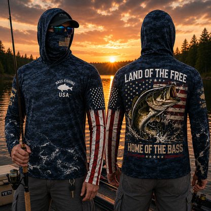 Patriotic Bass Fishing Hoodie With Face Cover, Thumb Holes – Land of the Free, Home of the Bass