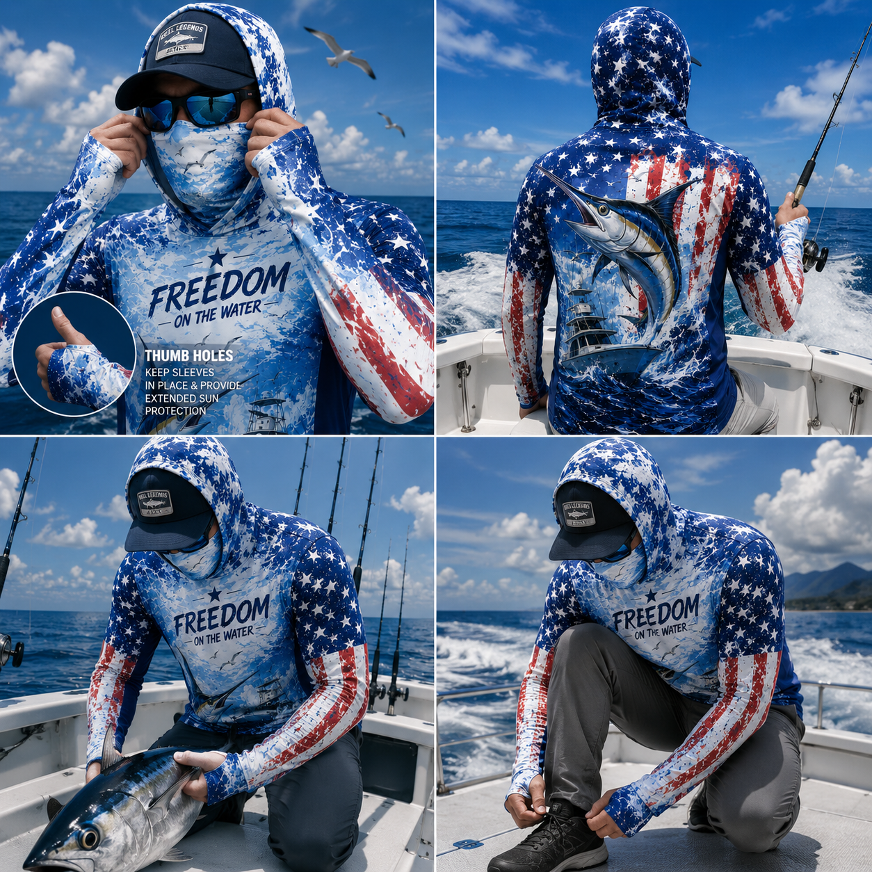 Marlin Fishing Hoodie – Patriotic Offshore Fishing Shirt with Face Cover, Thumb Holes for Anglers