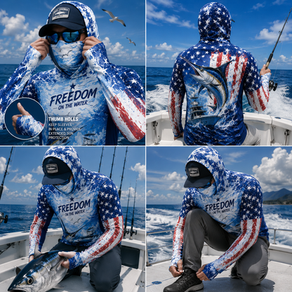 Marlin Fishing Hoodie – Patriotic Offshore Fishing Shirt with Face Cover, Thumb Holes for Anglers