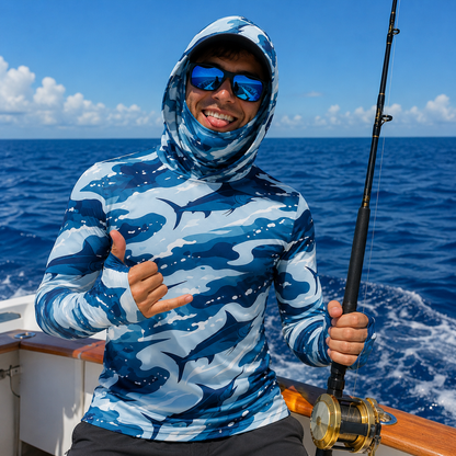Blue Marlin Fishing Shirt – Deep Sea Angler Hoodie with Face Cover, Thumb Holes