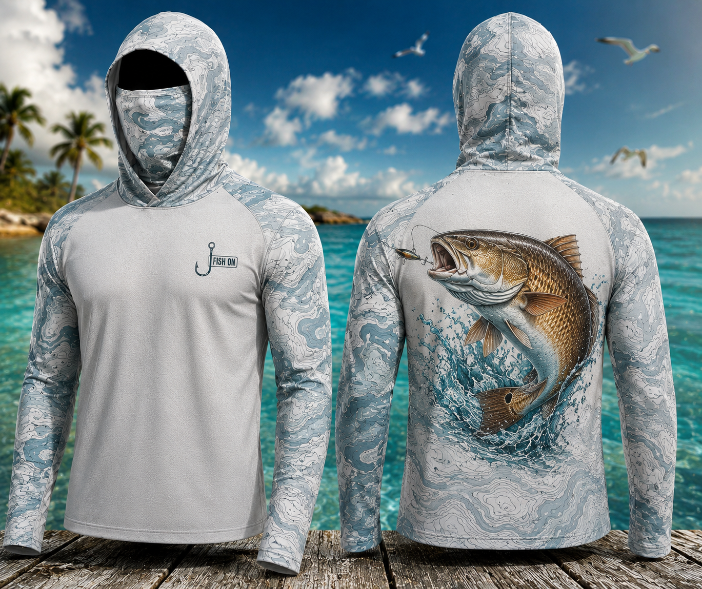 Redfish Fishing Hoodie – Saltwater Fishing Face Cover, Thumb Holes Shirt for Anglers