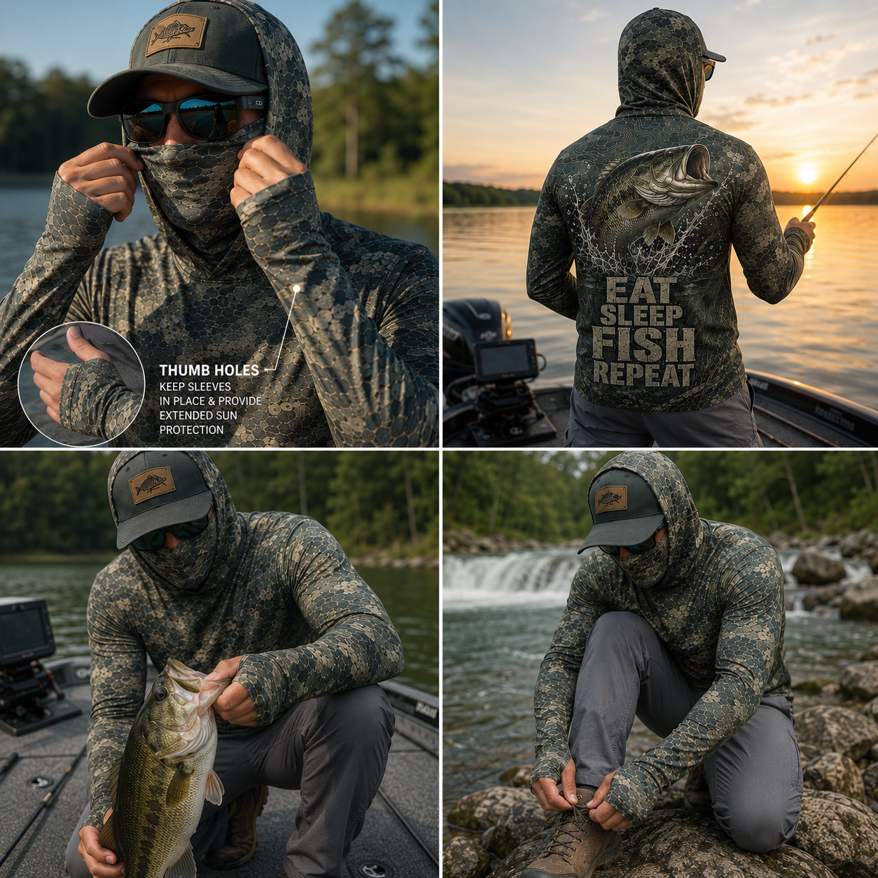 EAT SLEEP FISH REPEAT MASK HOODED UV PROTECTION, THUMB HOLES