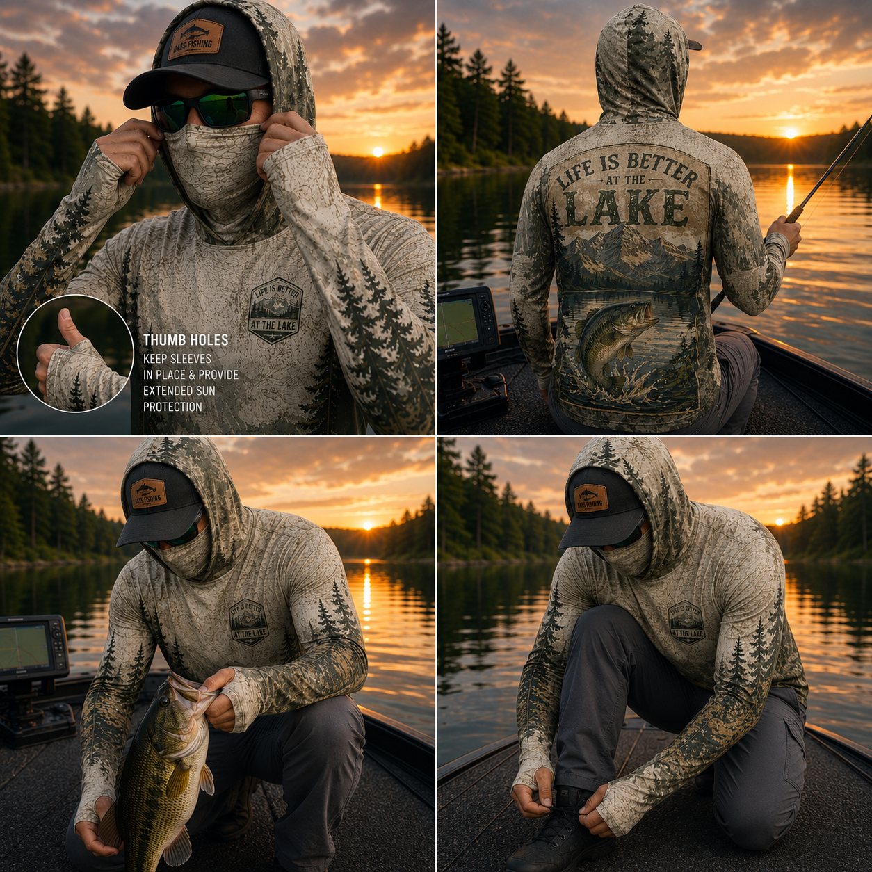 Life Is Better At The Lake Bass Fishing UPF Sun Protection Fishing Shirt With Face Cover And Thumb Holes