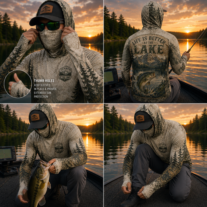 Life Is Better At The Lake Bass Fishing UPF Sun Protection Fishing Shirt With Face Cover And Thumb Holes