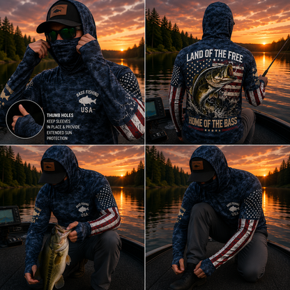 Patriotic Bass Fishing Hoodie With Face Cover, Thumb Holes – Land of the Free, Home of the Bass