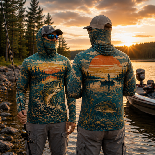 Bass Fishing Hoodie – Vintage Lake Fishing Face Cover Shirt for Anglers