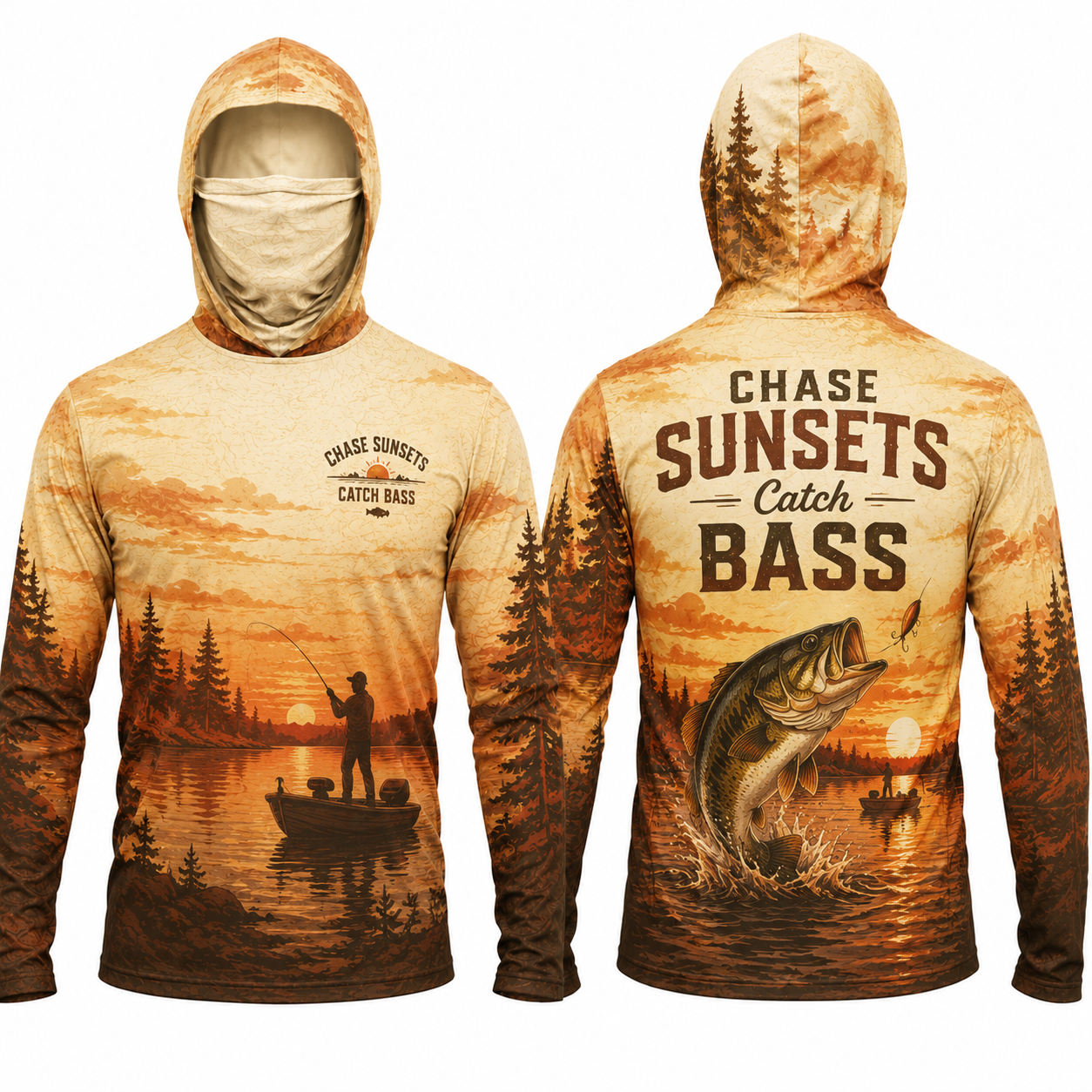 Chase Sunsets Catch Bass UPF Sun Protection Fishing Shirt With Face Cover And Thumb Holes