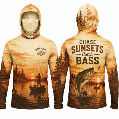 Chase Sunsets Catch Bass UPF Sun Protection Fishing Shirt With Face Cover And Thumb Holes