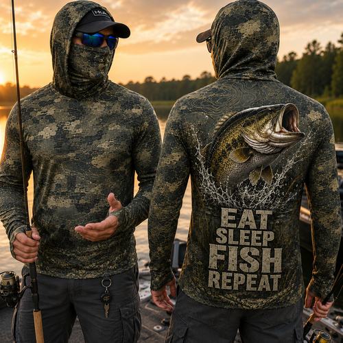 EAT SLEEP FISH REPEAT MASK HOODED UV PROTECTION, THUMB HOLES