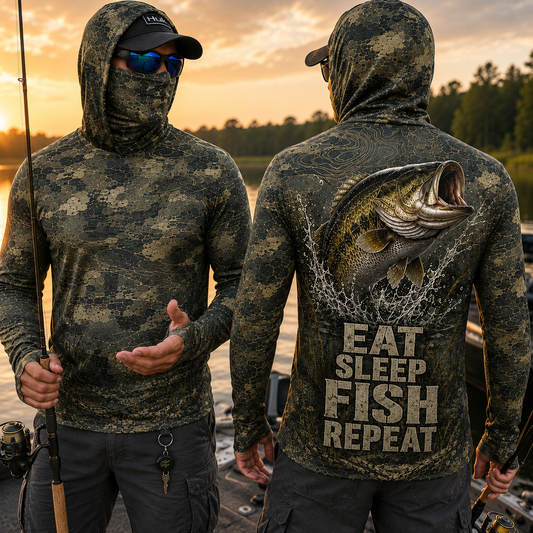 Eat Sleep Fish Repeat Camo Bass Fishing UPF Sun Protection Fishing Shirt With Face Cover And Thumb Holes