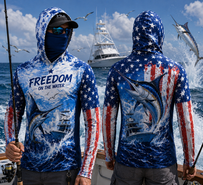 Marlin Fishing Hoodie – Patriotic Offshore Fishing Shirt with Face Cover, Thumb Holes for Anglers