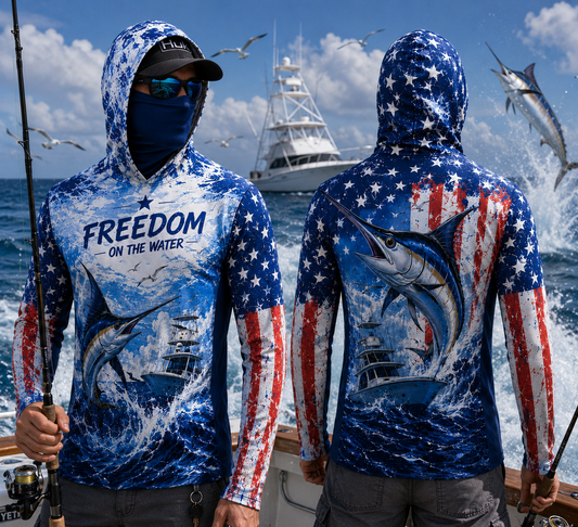 Marlin Fishing Hoodie – Patriotic Offshore Fishing Shirt with Face Cover, Thumb Holes for Anglers