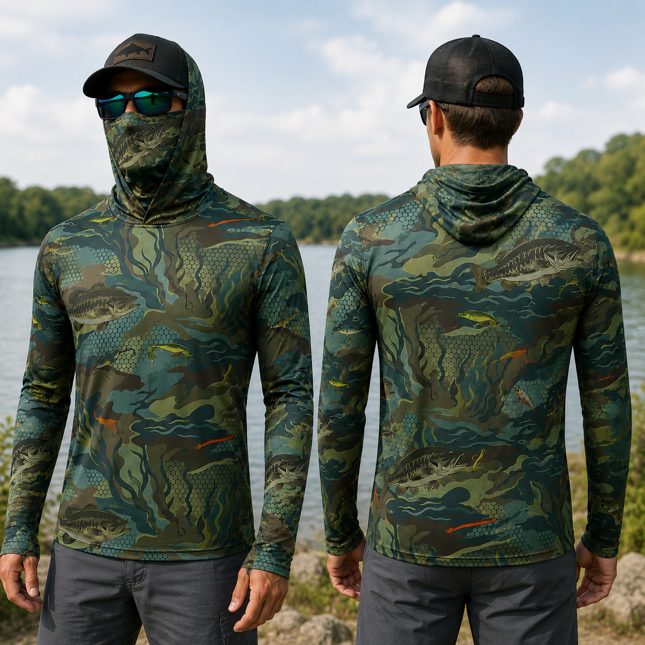 Bass Fishing Camo Hoodie Shirt, Men's Long Sleeve UPF Fishing Shirt, Face Cover, Thumb Holes, Lure All Over Print