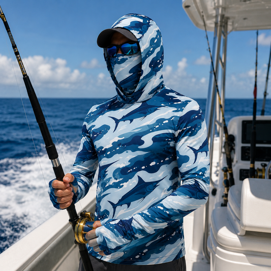 Blue Marlin Fishing Shirt – Deep Sea Angler Hoodie with Face Cover, Thumb Holes