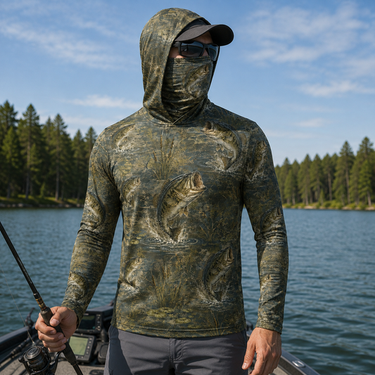 Realistic Bass Fishing UPF Sun Protection Camo Fishing Shirt With Face Cover And Thumb Holes