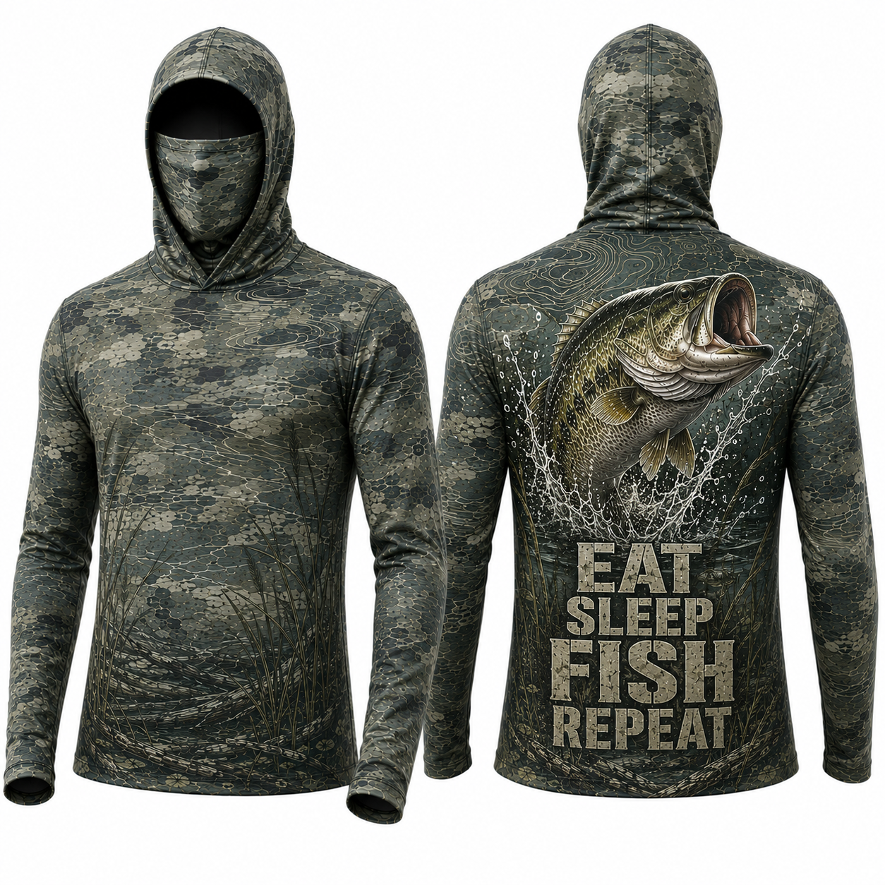 EAT SLEEP FISH REPEAT MASK HOODED UV PROTECTION, THUMB HOLES