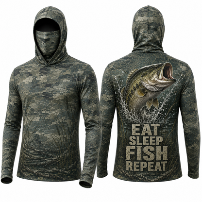 EAT SLEEP FISH REPEAT MASK HOODED UV PROTECTION, THUMB HOLES